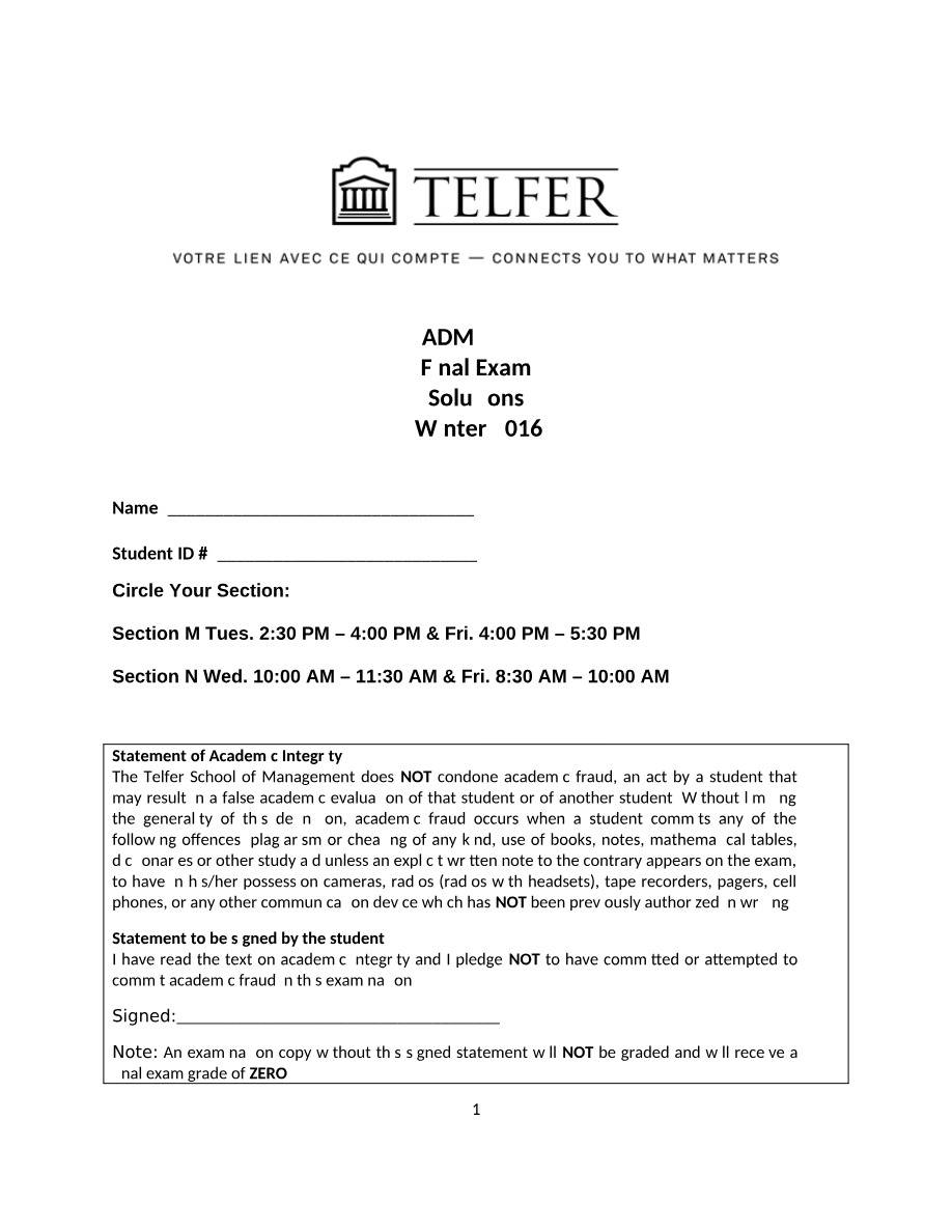 Winter 2016 Final Exam Solutions - ADM 3352