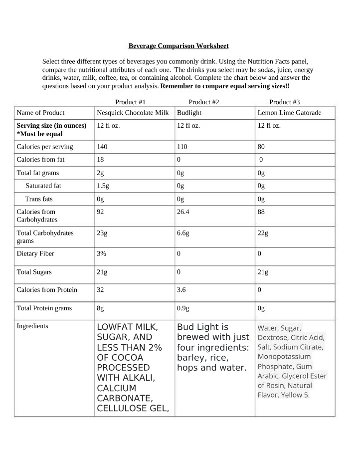 Worksheet for Beverage Comparison