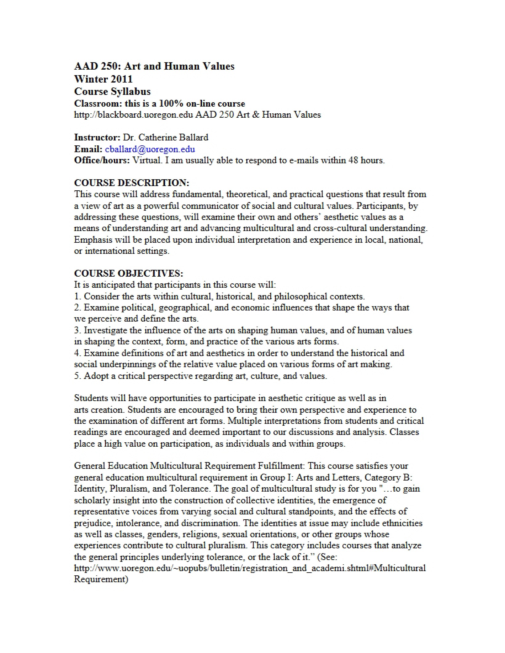 Art and Human Values Course Outline