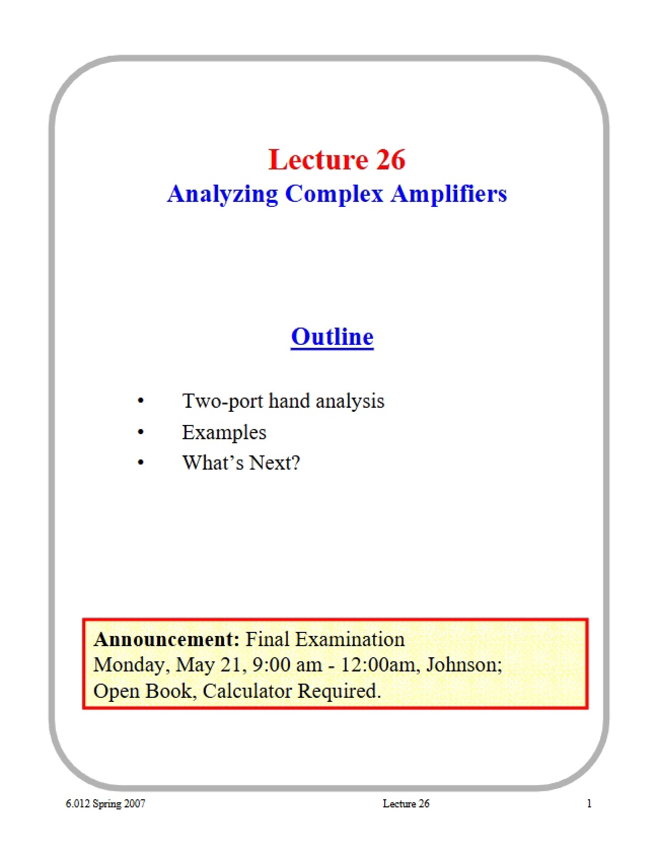 Complex Amplifier Analysis (Lecture 26)