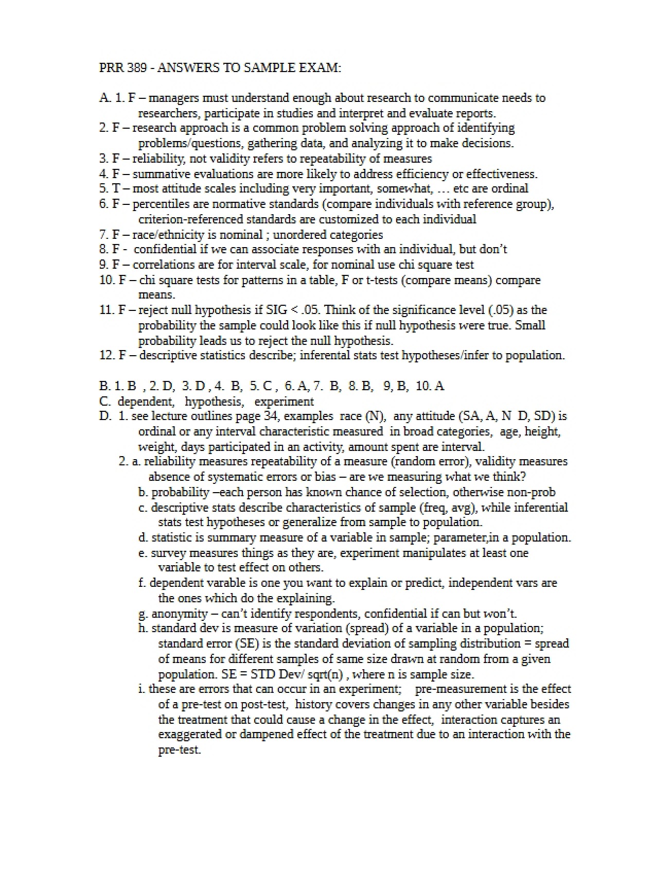 Answers to Sample Exam