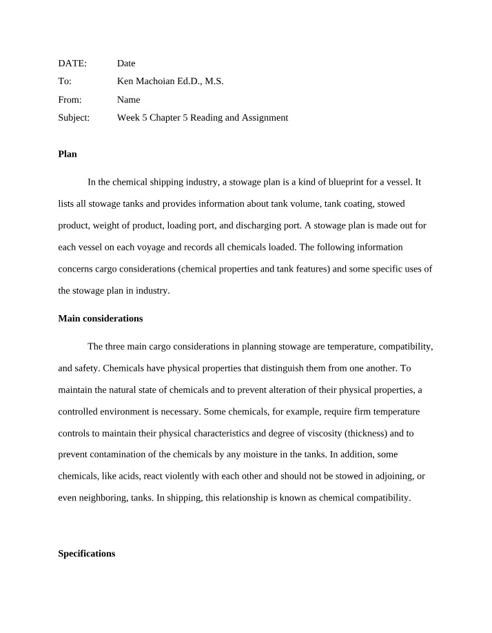 Stowage Plans for Safe Chemical Shipping