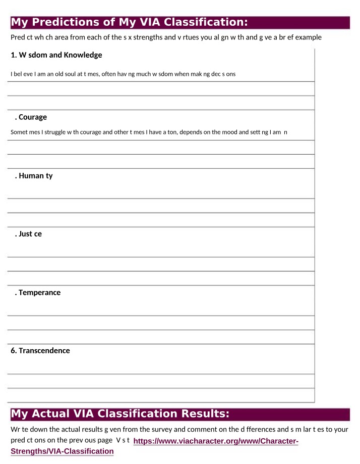 Worksheet for VIA Classification Predictions and Results