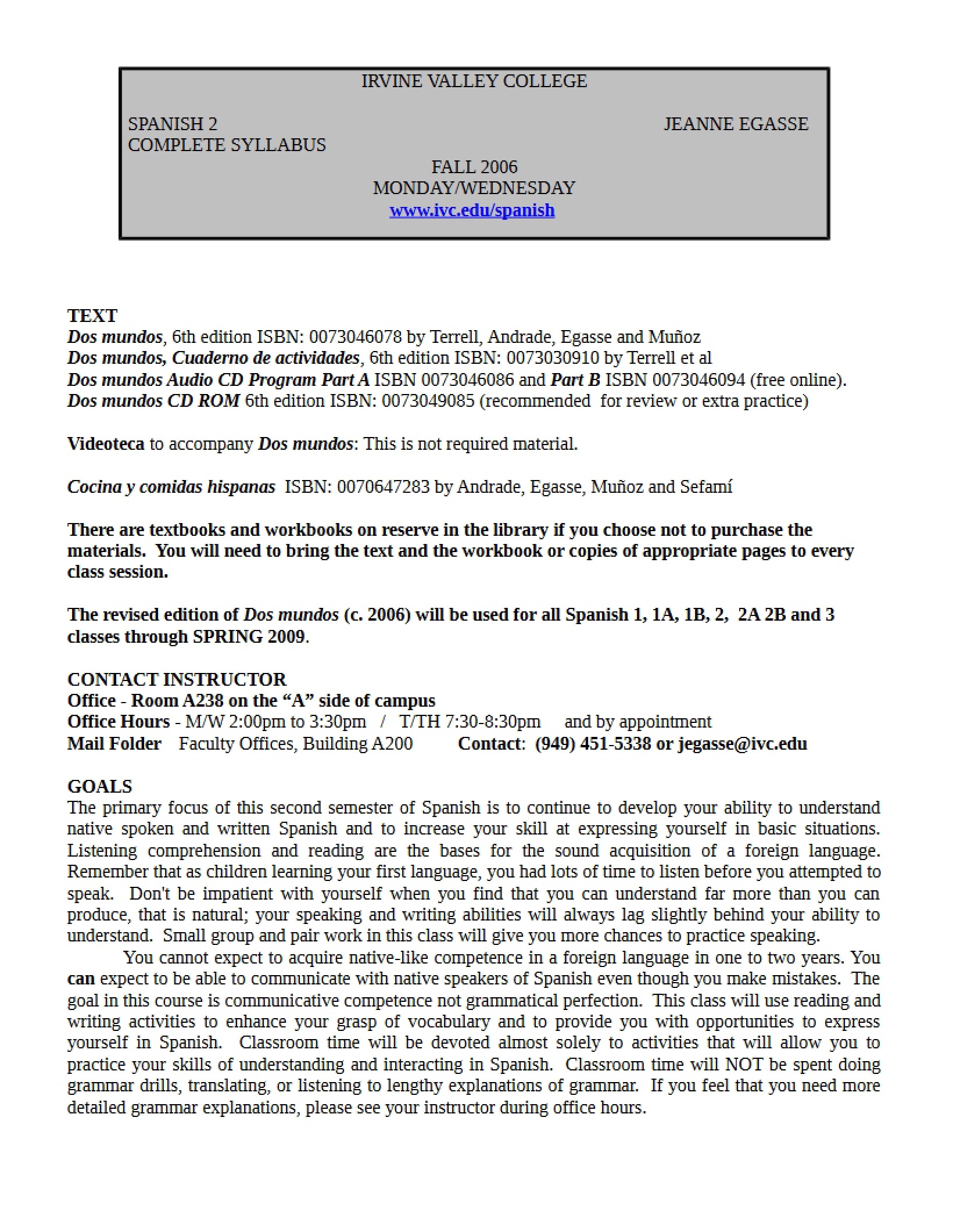 Syllabus for Spanish Two
