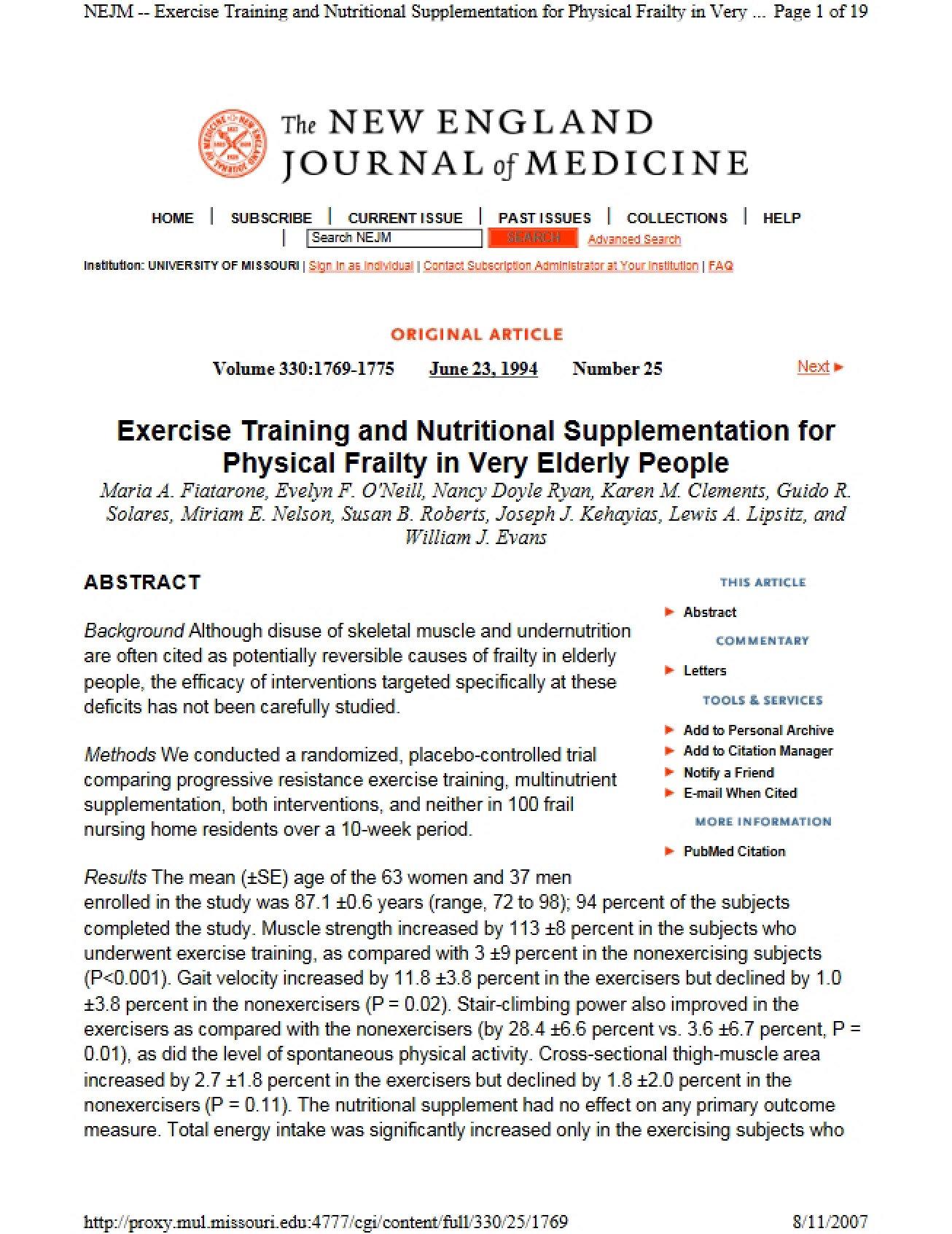 Physical Frailty in the Very Elderly Nutritional Supplements and Exercise Training
