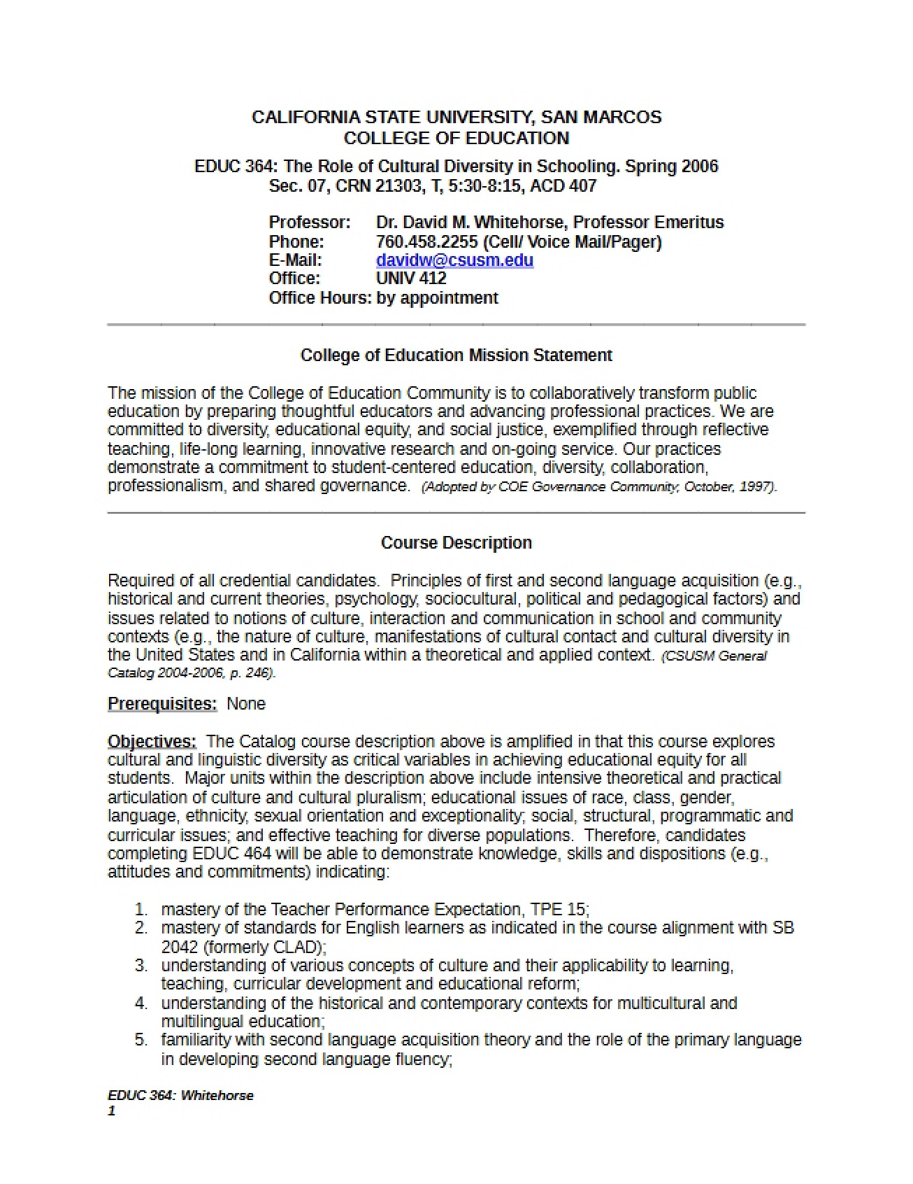 Whitehorse Syllabus for Diversity in Schooling