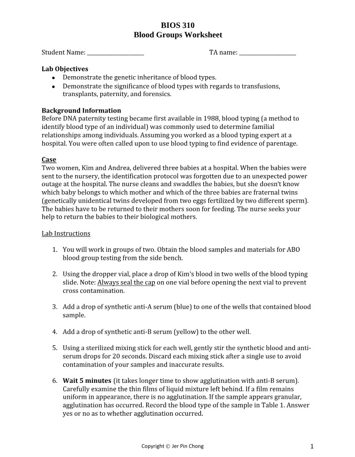 Worksheet on Blood Groups