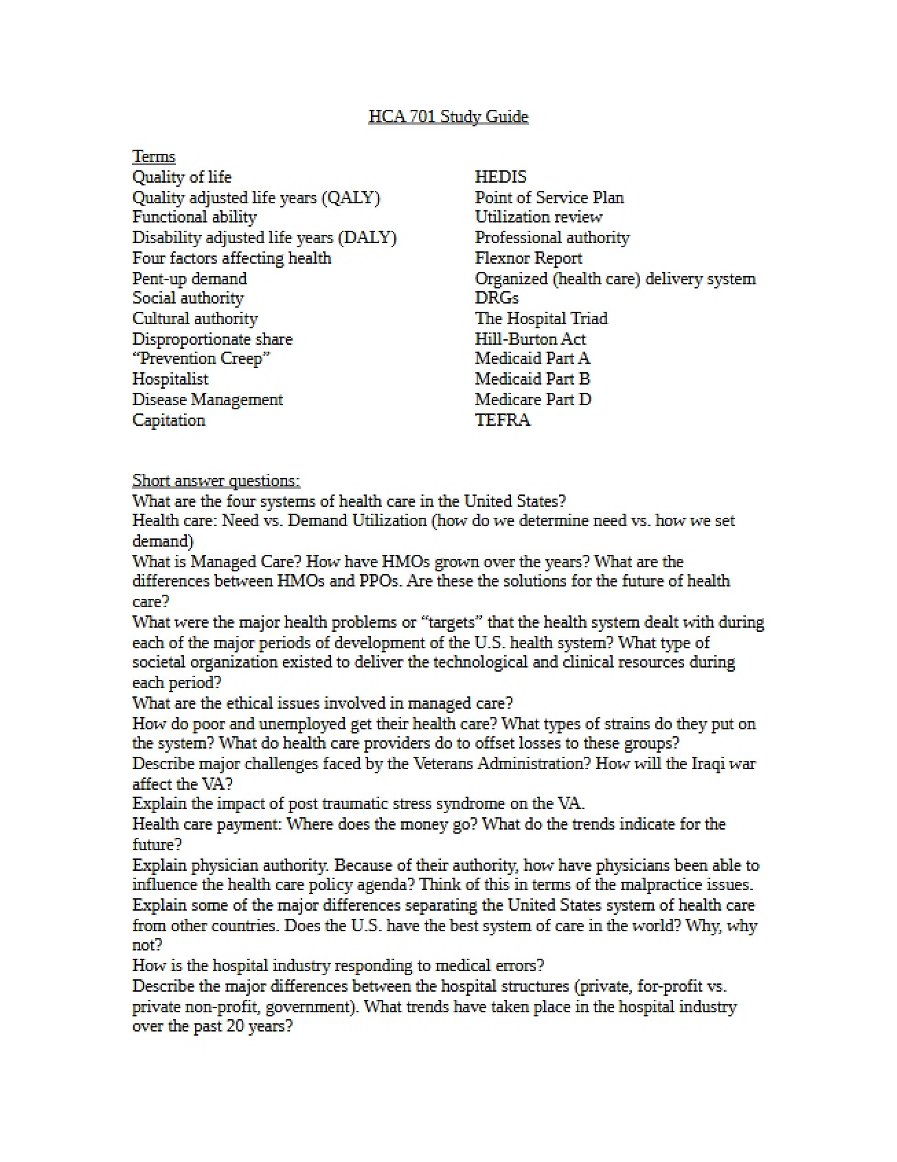 HCA 701 Study Guide