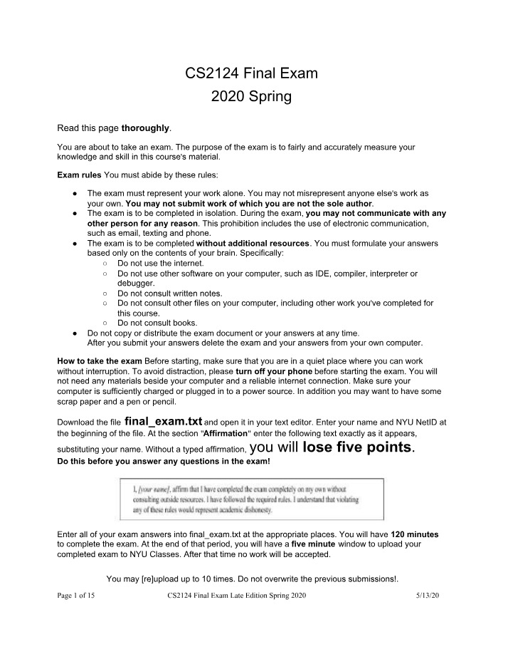 CS2124 Spring 2020 Final Exam
