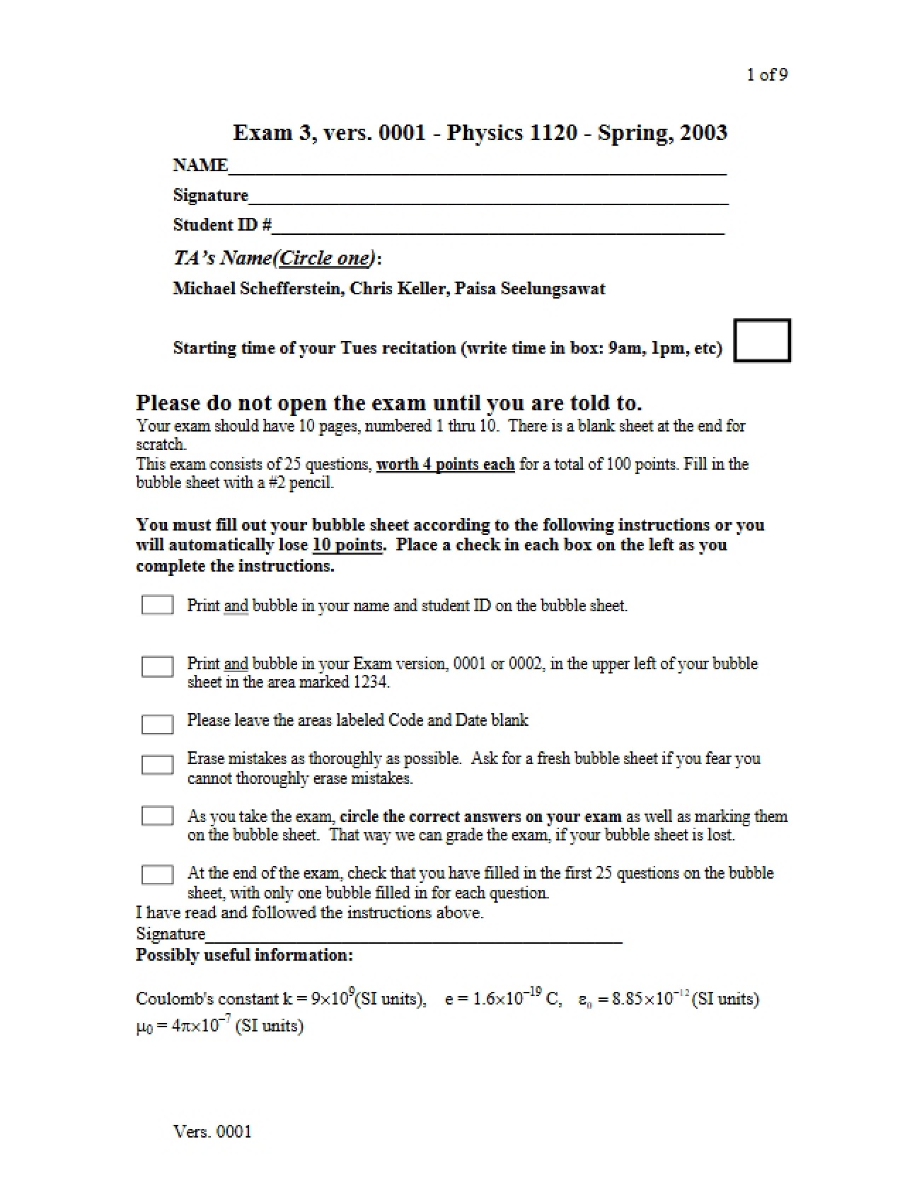 Sample Examination 3a