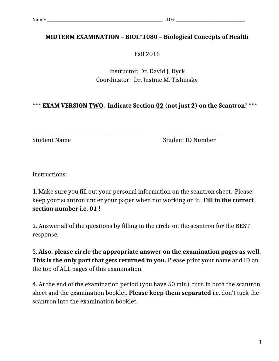 BIOL 1080 - Biological Concepts of Health Course Material
