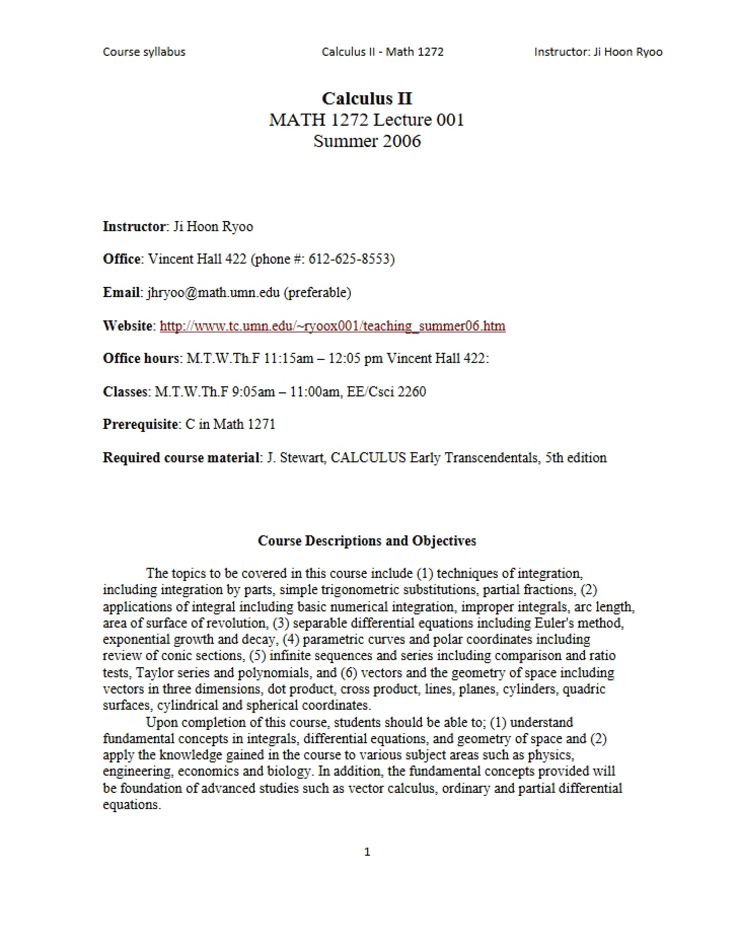 Course Syllabus for Math 1272