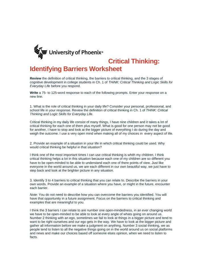 Worksheet on Identifying Critical Thinking Barriers