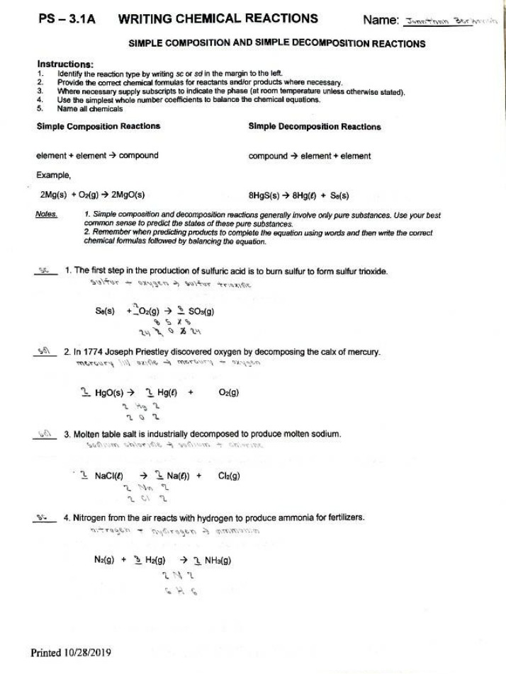 Writing Chemical Reactions - Simple Decomposition and Composition