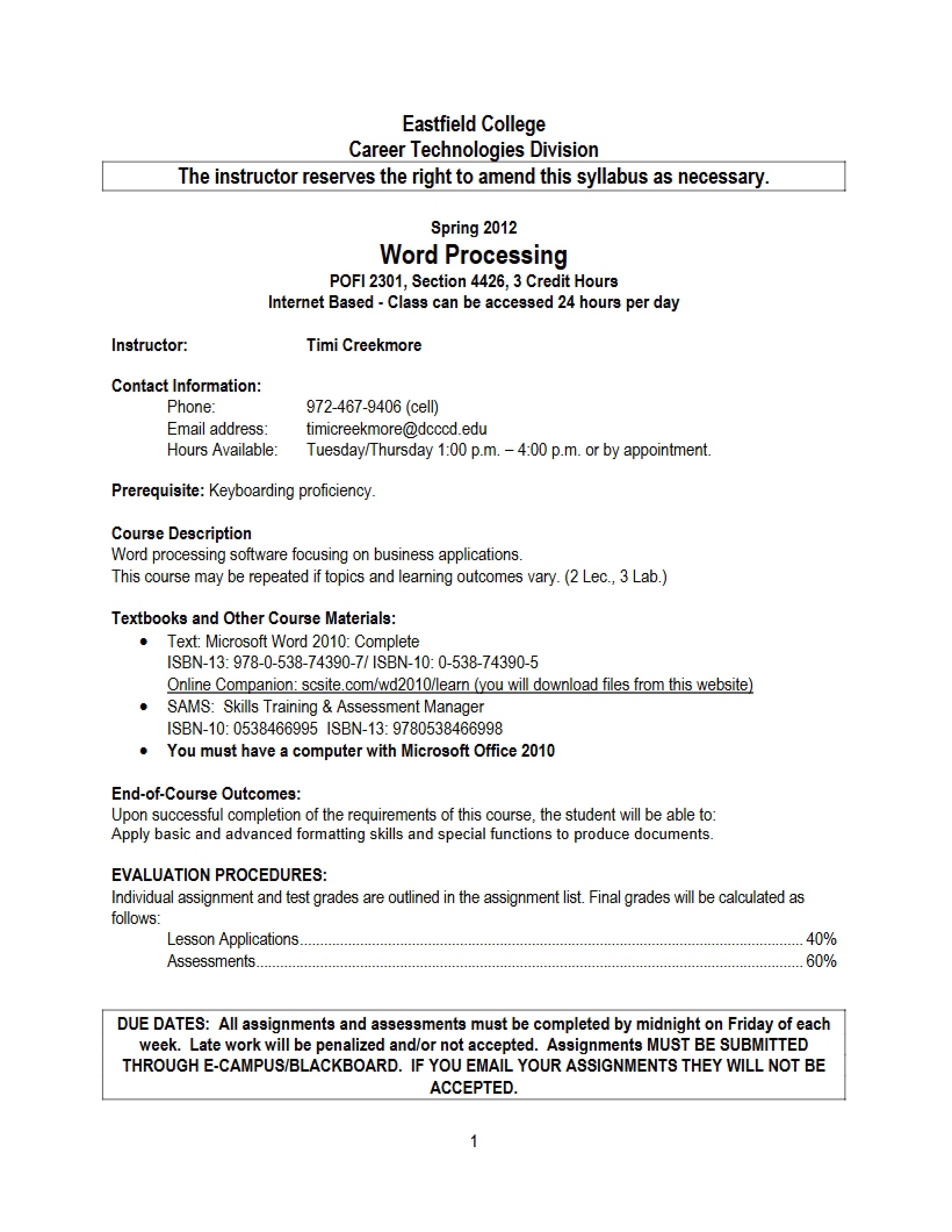 Word 2013 Class Syllabus - 5 Pages