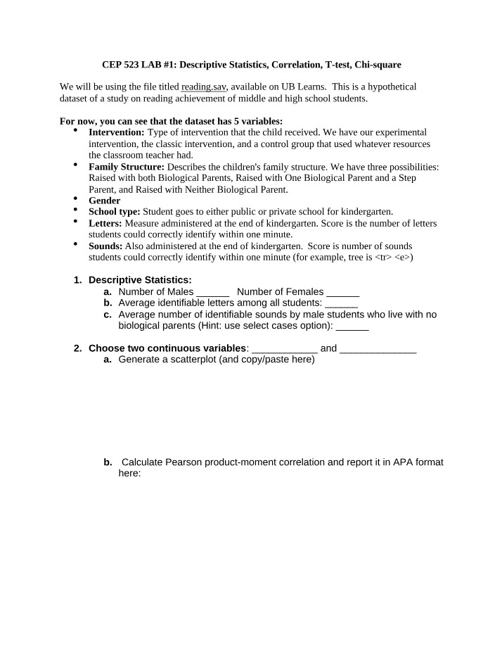 CEP 523 Lab 1 - Descriptive Statistics, Correlation, T-test, and Chi-square
