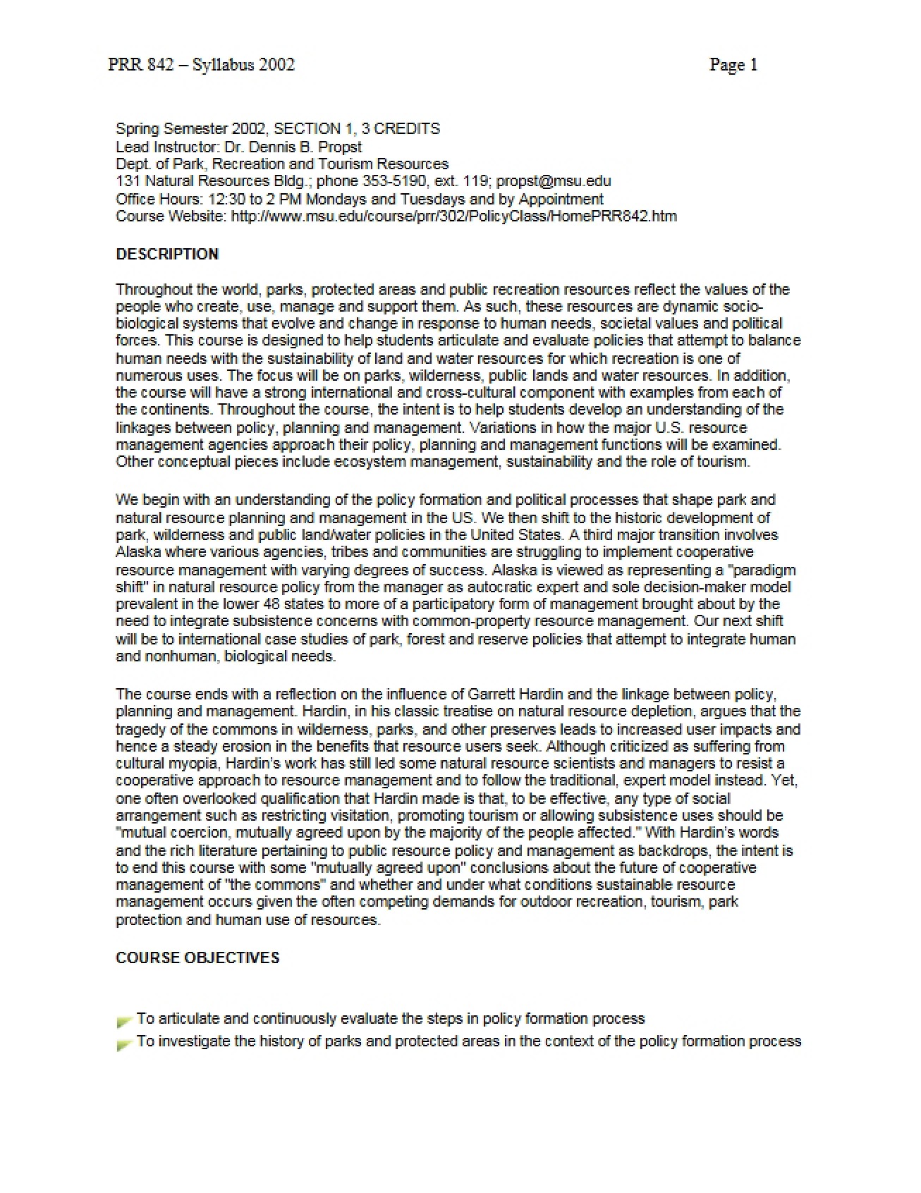 Course Syllabus and Outline - PRR 842
