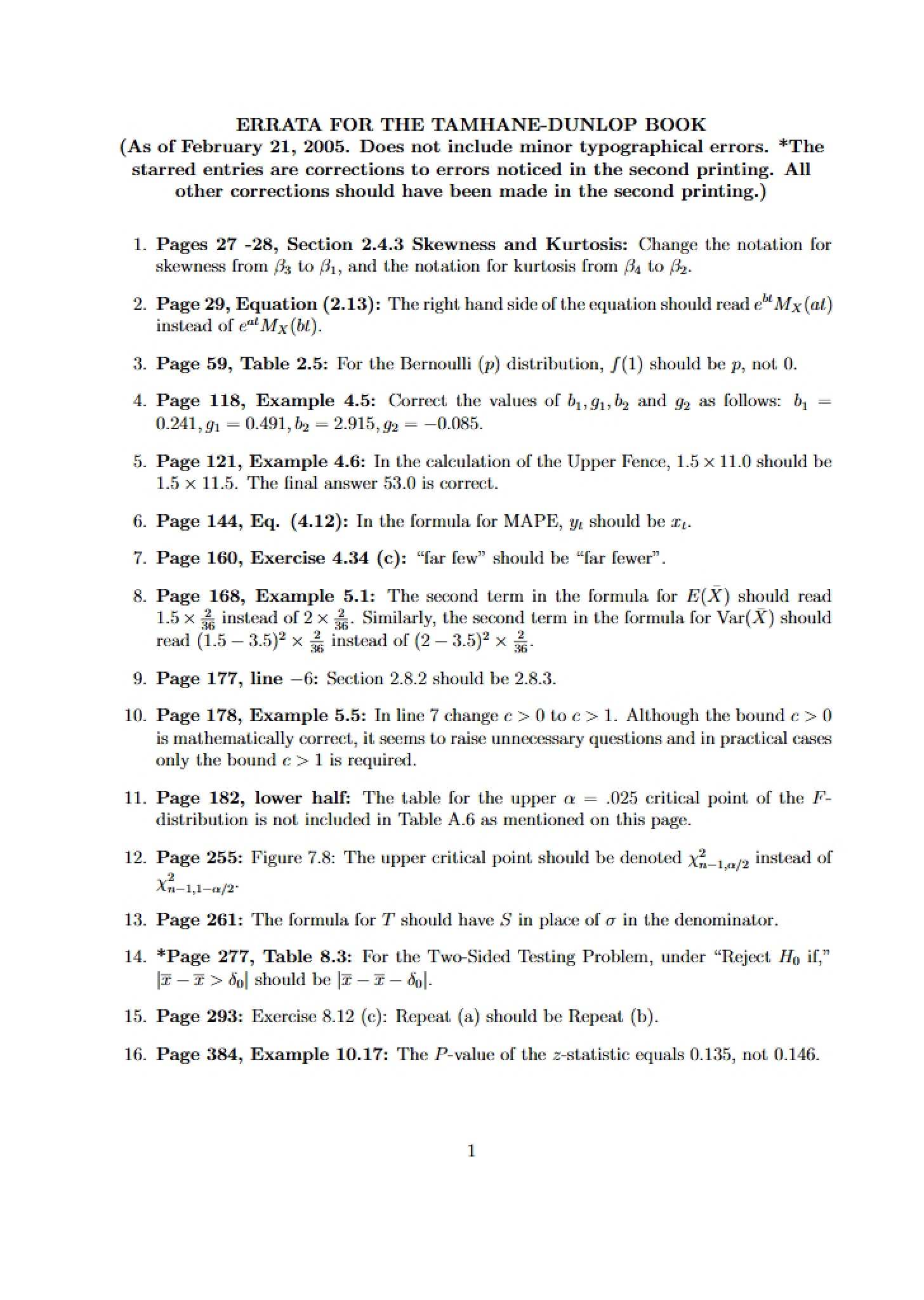 Errata Tamhane-Dunlop Textbook