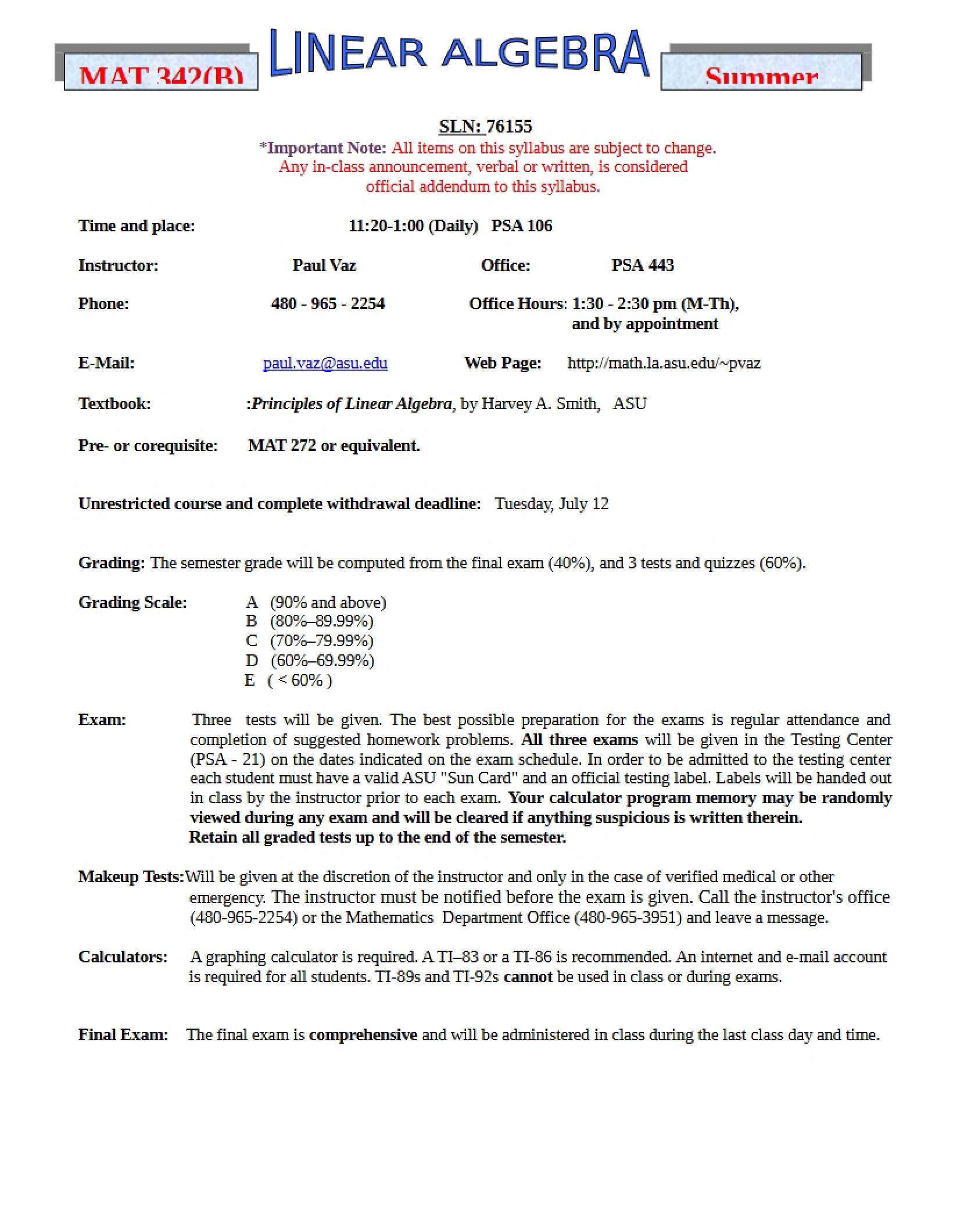 Course Syllabus Linear Algebra