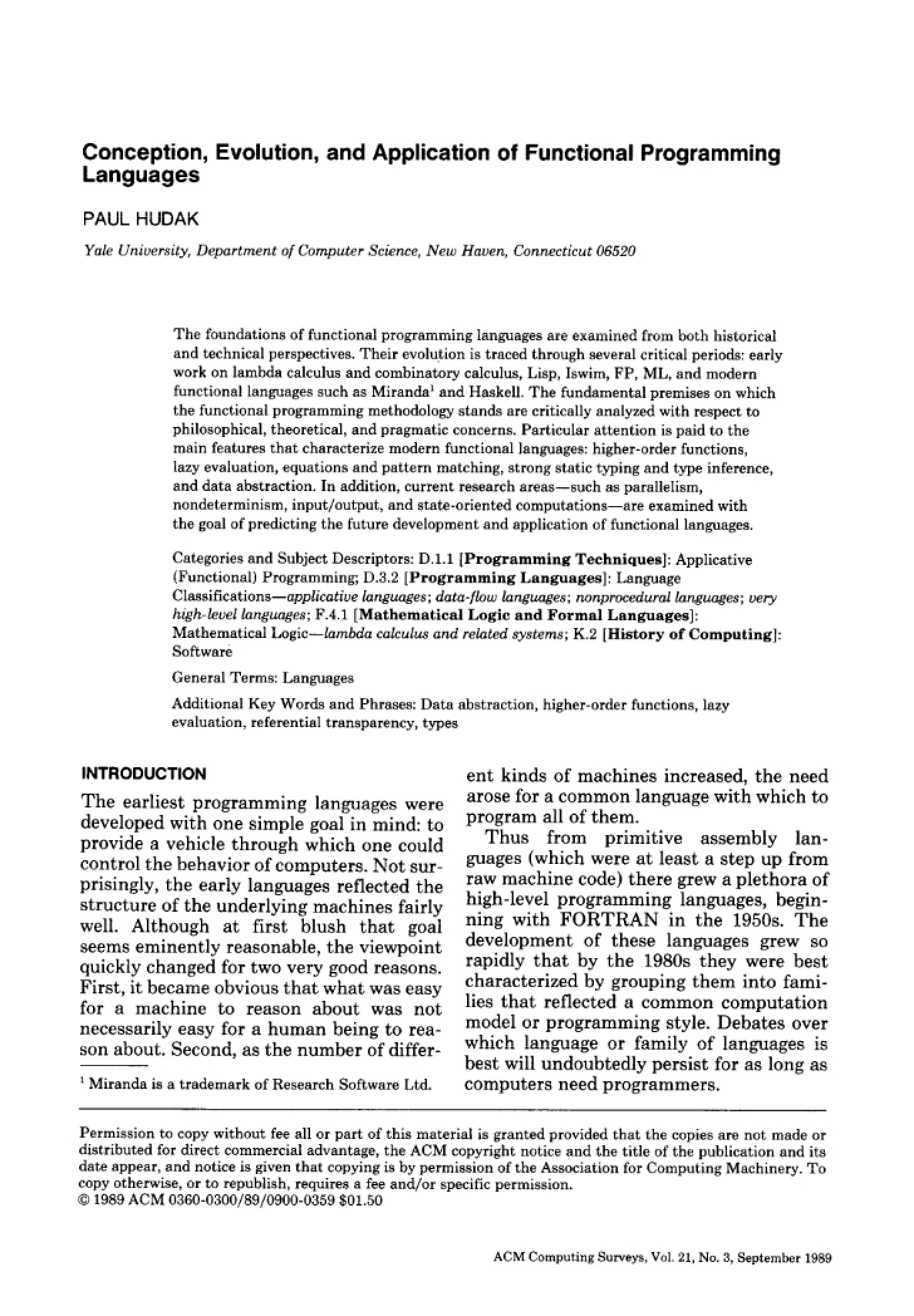 Functional Programming Conception, Application, and Evolution