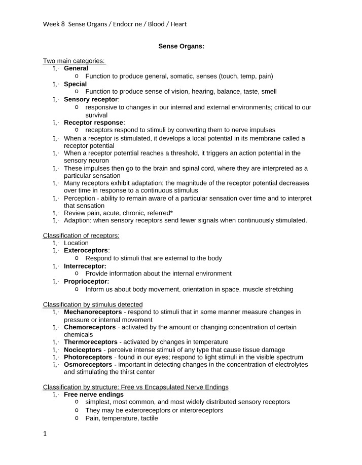 Week 8 Notes - Heart, Blood, Endocrine, and Sense Organs
