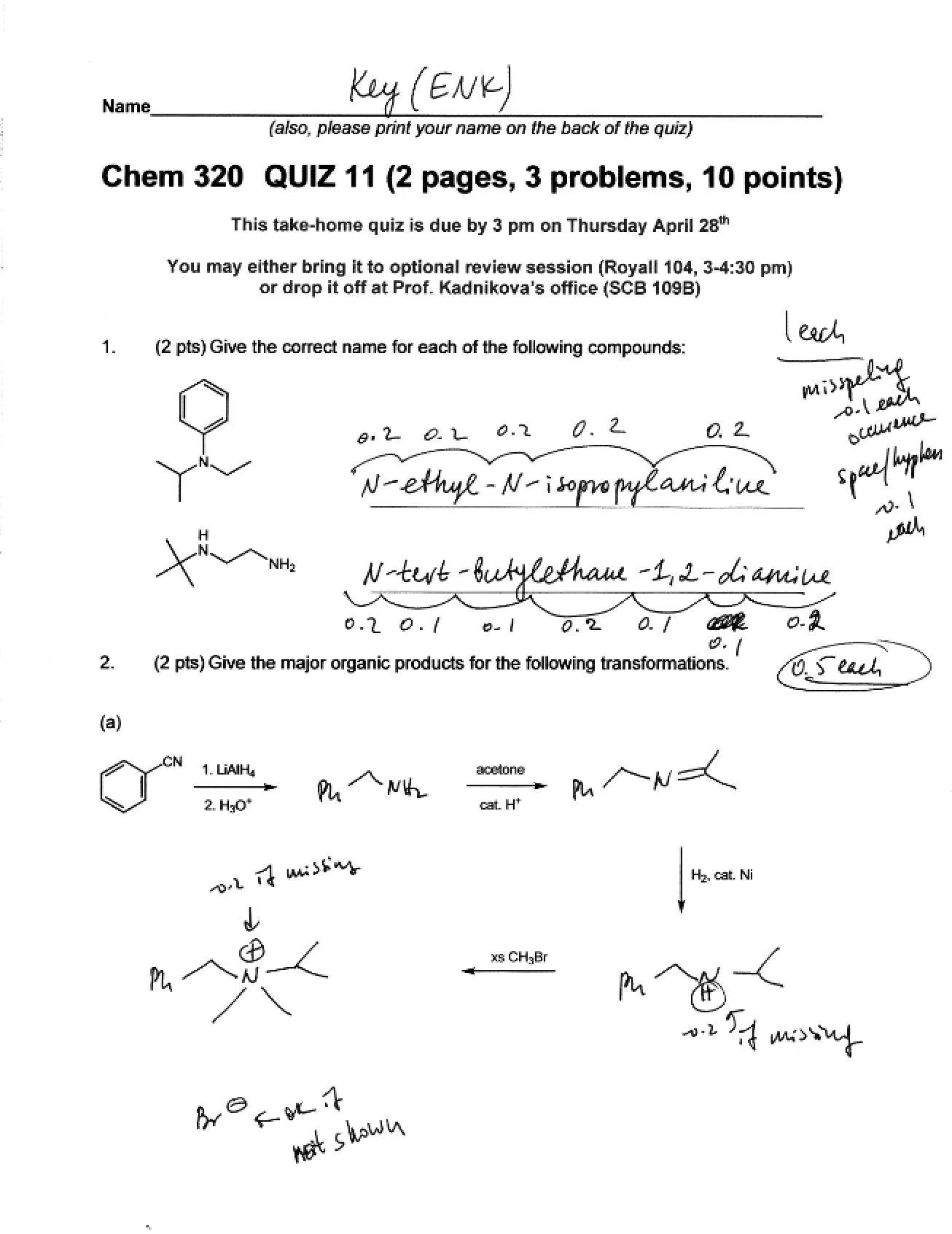 Elementary Organic Chemistry - Quiz 11 Answer Key