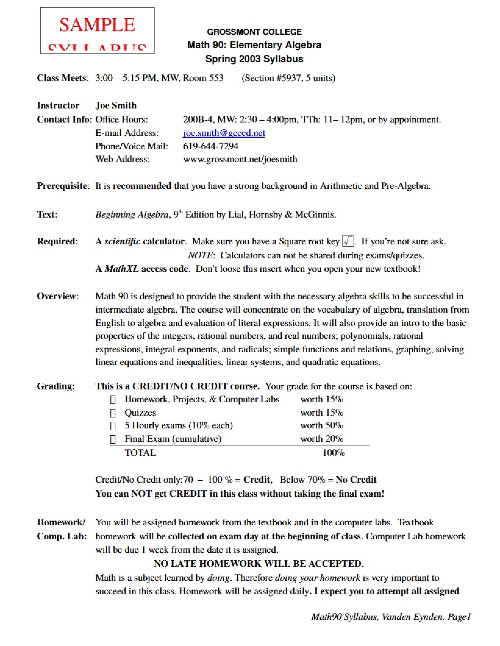 Elementary Algebra Syllabus
