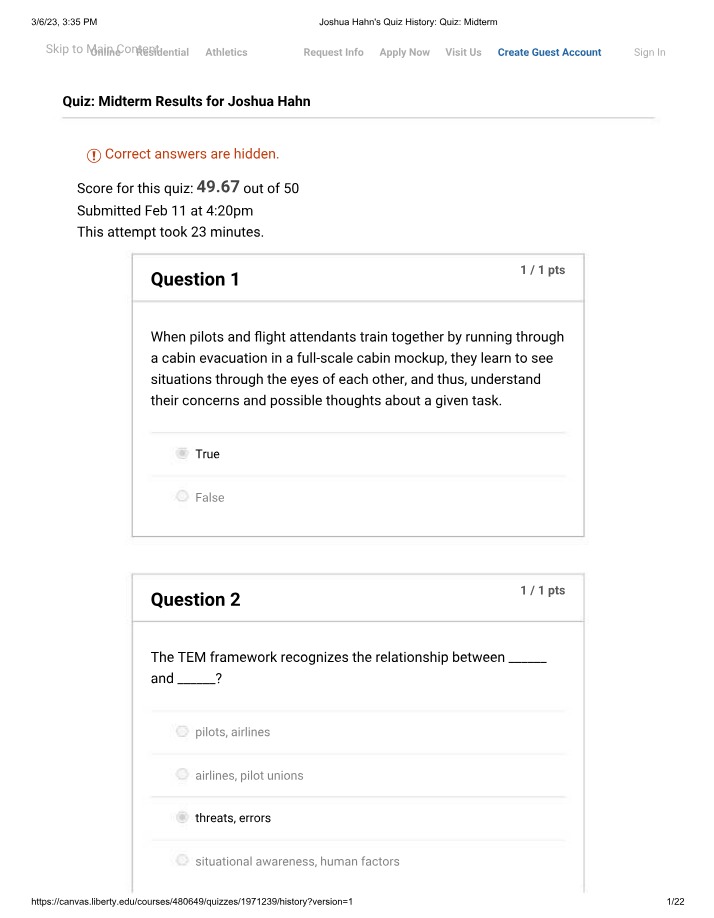 Aviation Human Factors and CRM Midterm Quiz Results