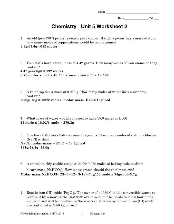 Unit 5 Worksheet 2 - Chemistry