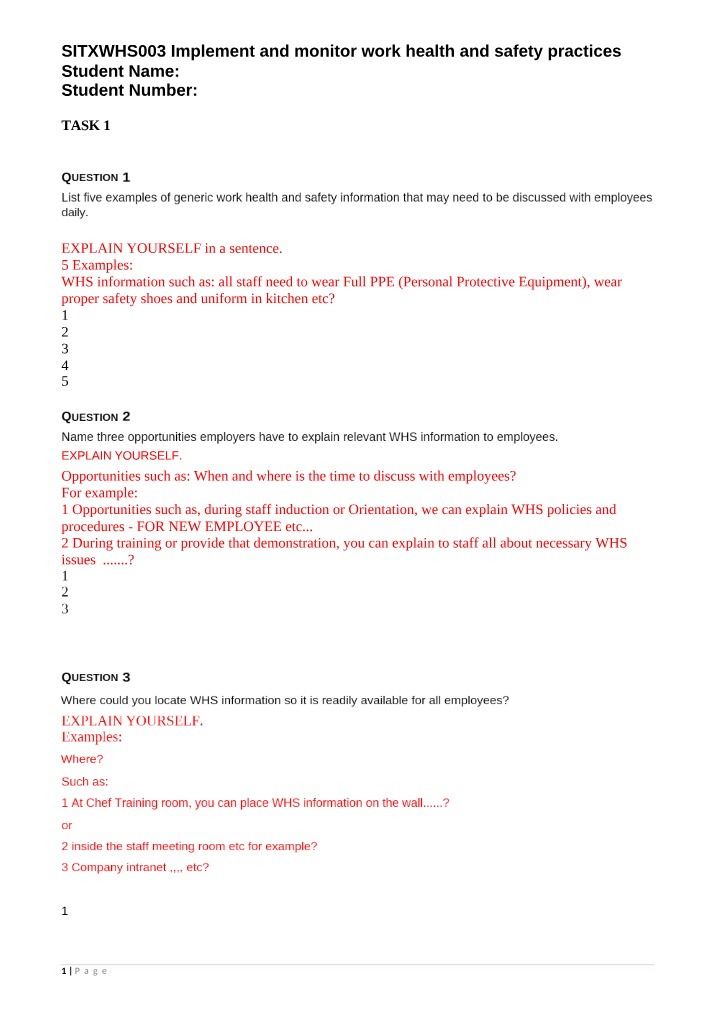 Implement and Monitor Work Health and Safety Practices (SITXWHS003)