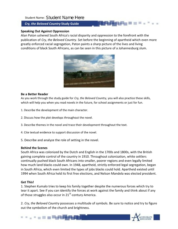 Study Guide for Cry, the Beloved Country - Speaking Out Against