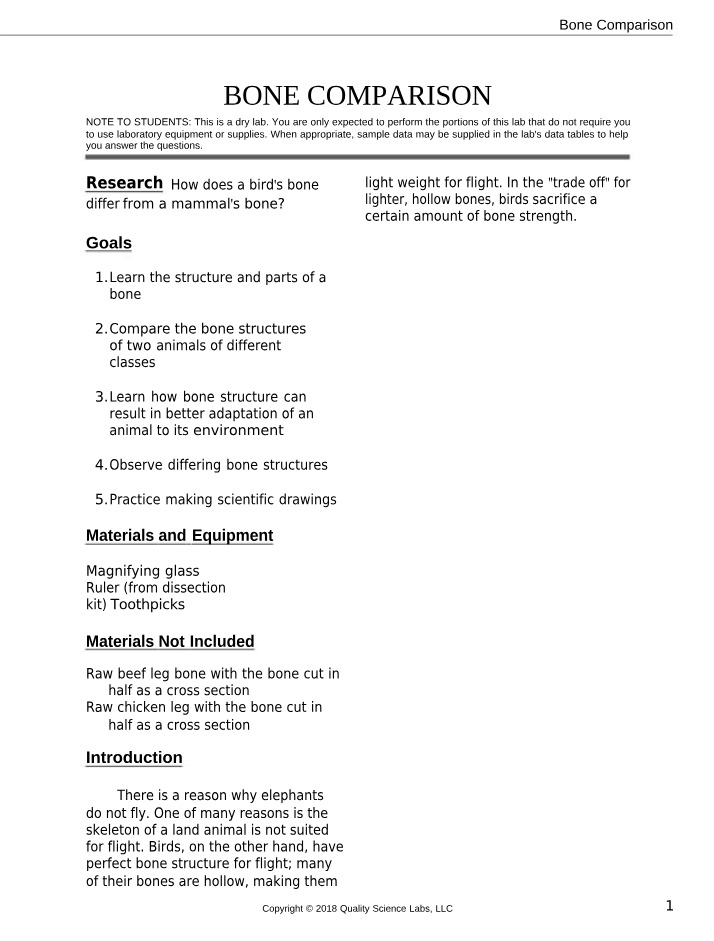 Lab on Bird and Mammal Bone Structure and Adaptation