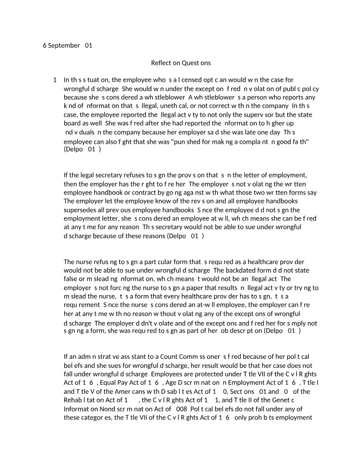 Wrongful Discharge and Whistleblower Protection - Reflection Questions