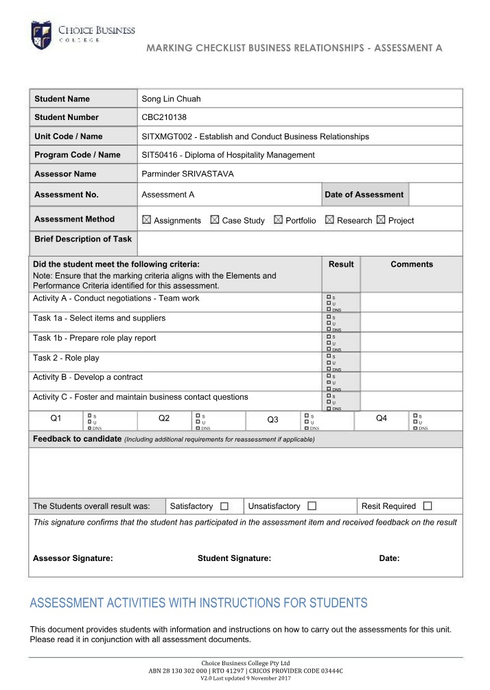 Marking Checklist for Establish and Conduct Business Relationships