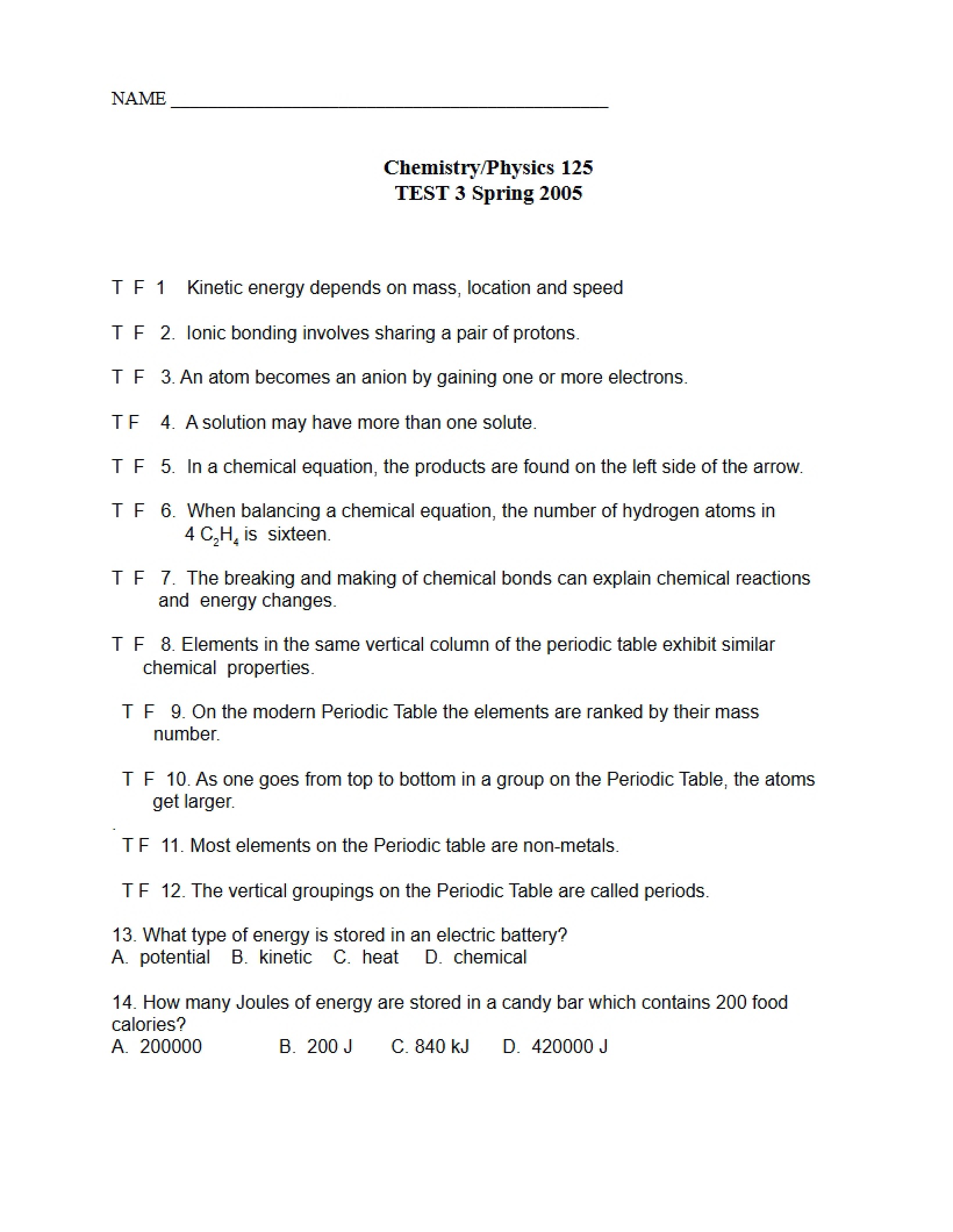 Third Test in Physical Science