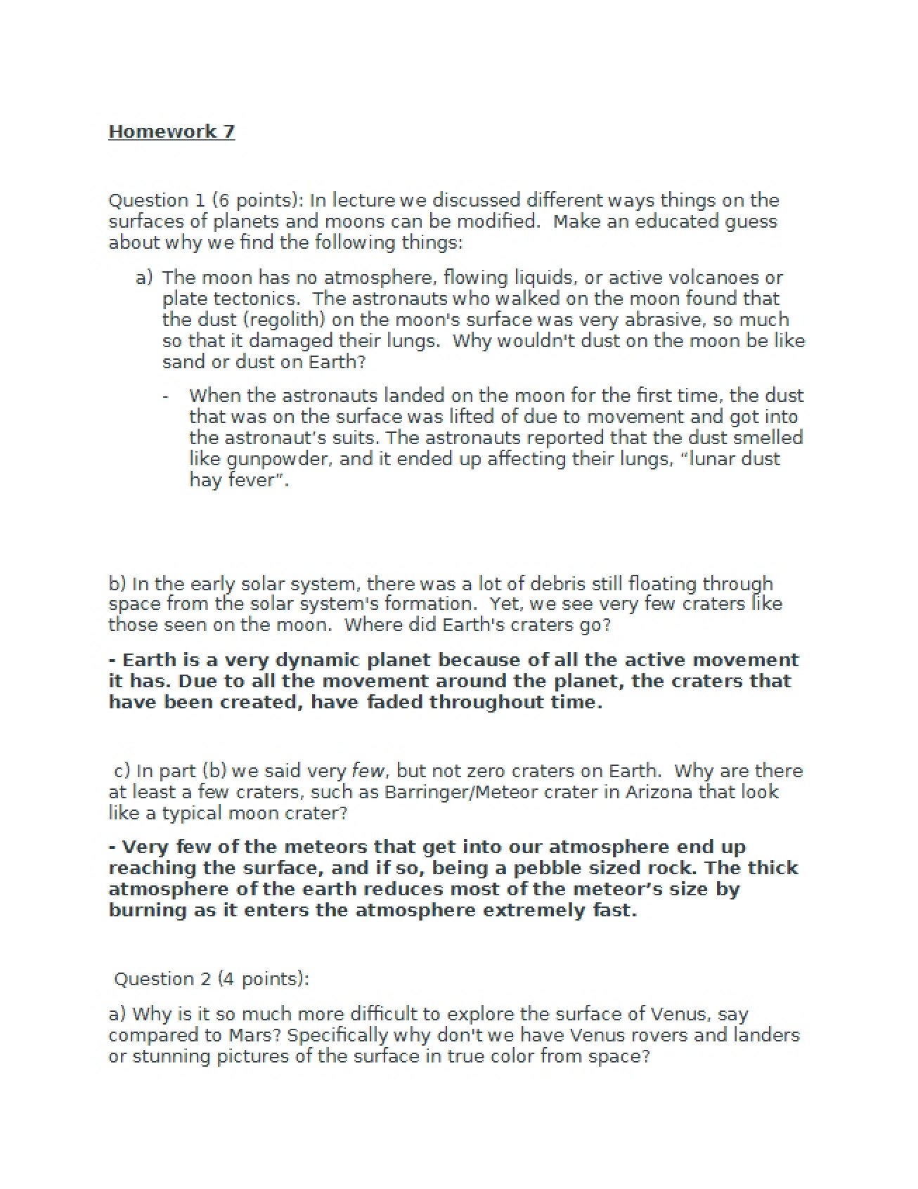 Seventh Homework Assignment for the Sky and Solar System Course