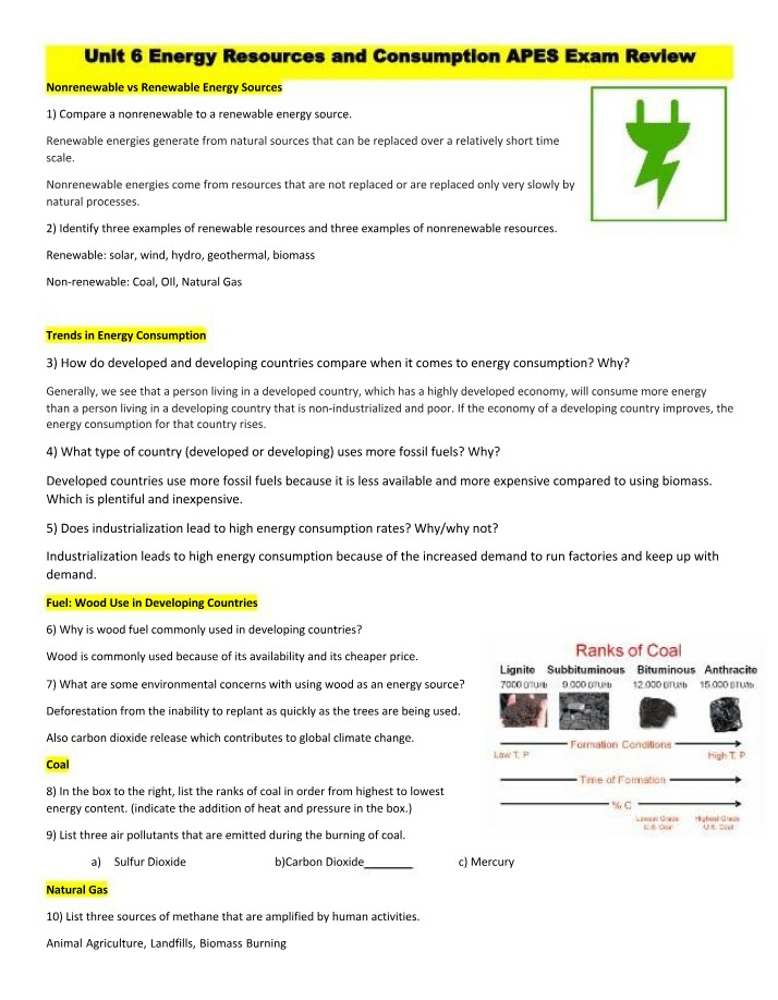 APES Exam Review - Nonrenewable and Renewable Energy Sources