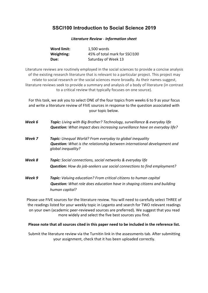 SSCI100 Literature Review Information Sheet (2019)