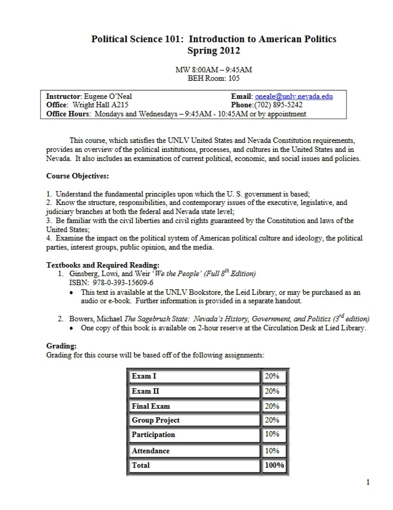 Syllabus Spring 2012 Intro to American Politics