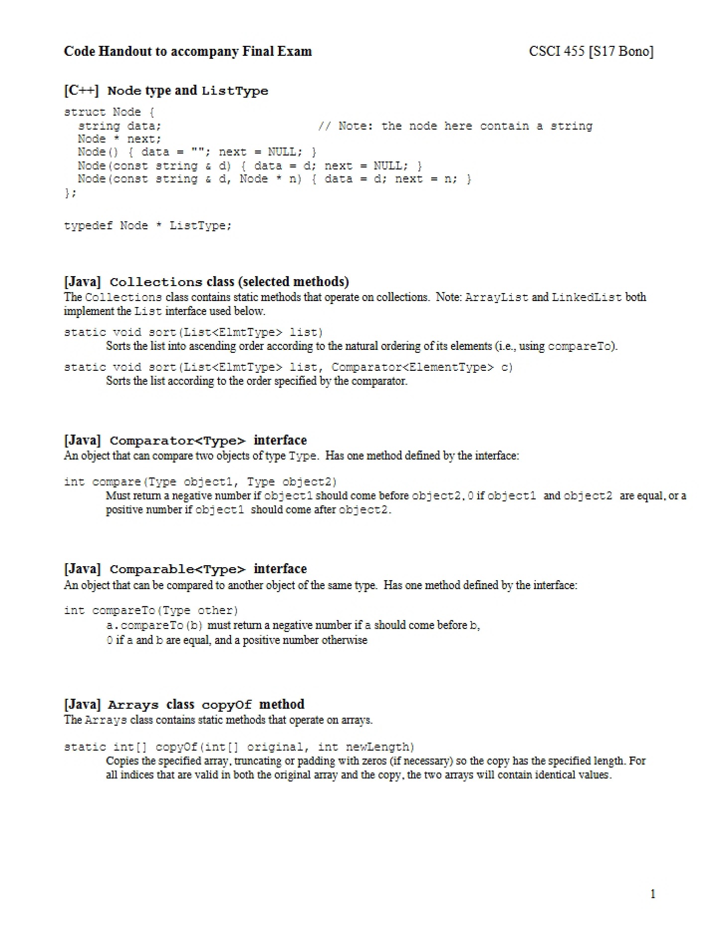 Handout containing Code