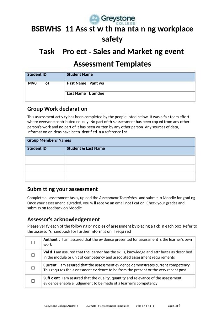 Templates for BSBWHS311 Assessment