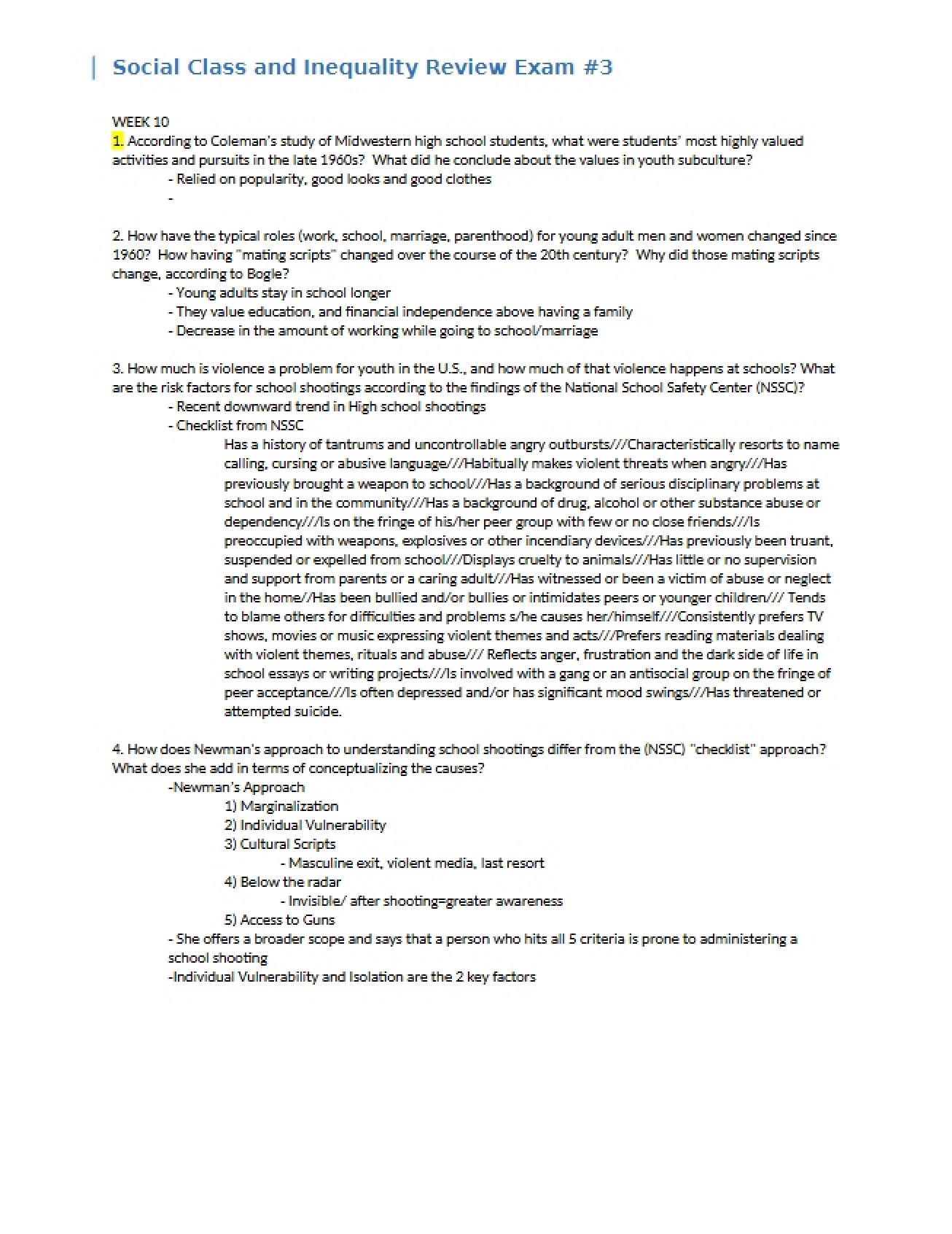 Exam 3 Review Class and Inequality
