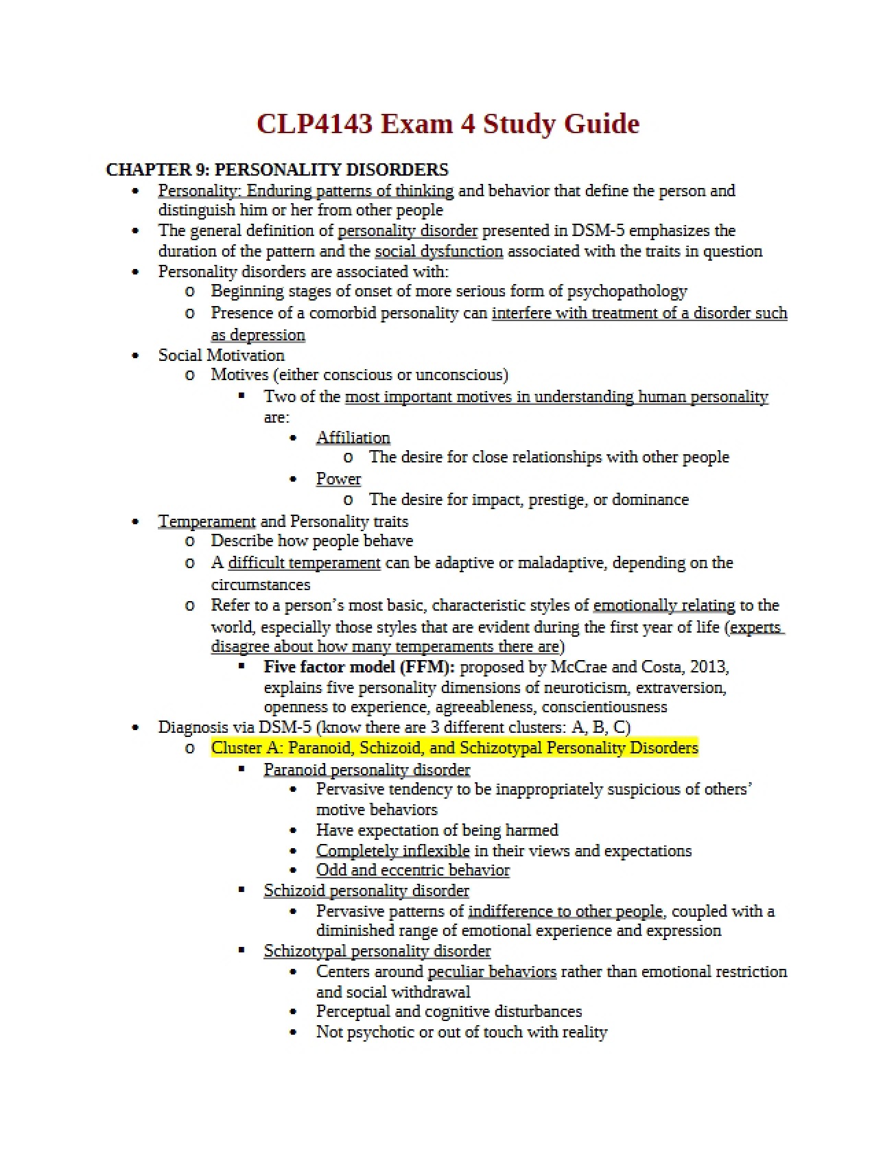 Study of Personality Disorders Discussed in Chapter 9