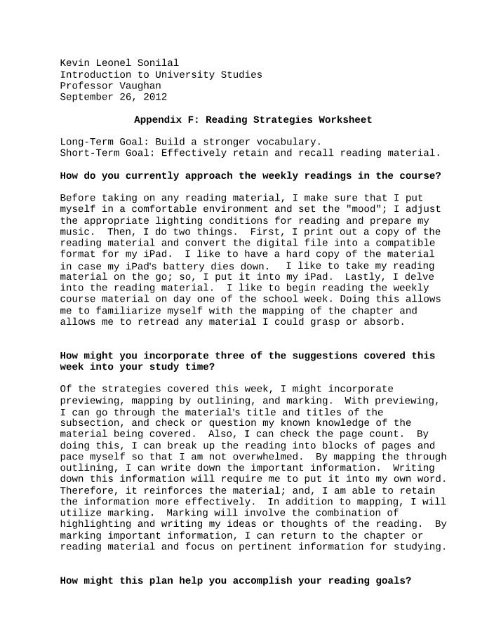 Worksheet on Reading Strategies