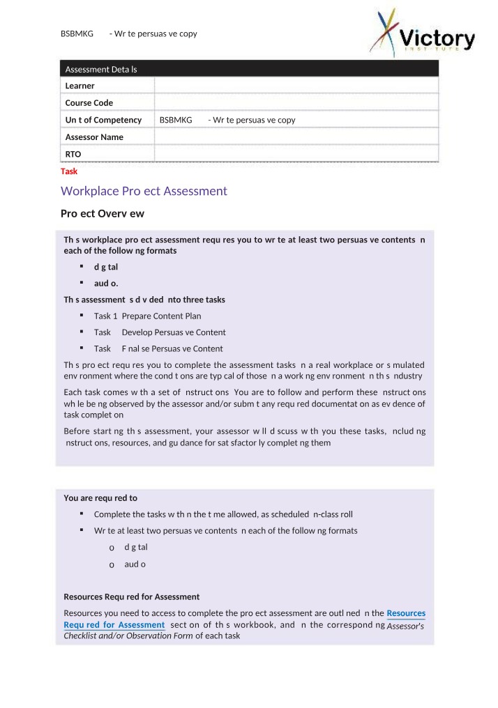 BSBMKG555 Workplace Project - Develop Content Plan for Persuasive Copy