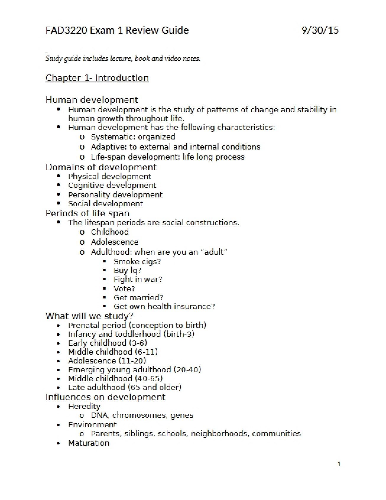 Review Guide for the First Examination