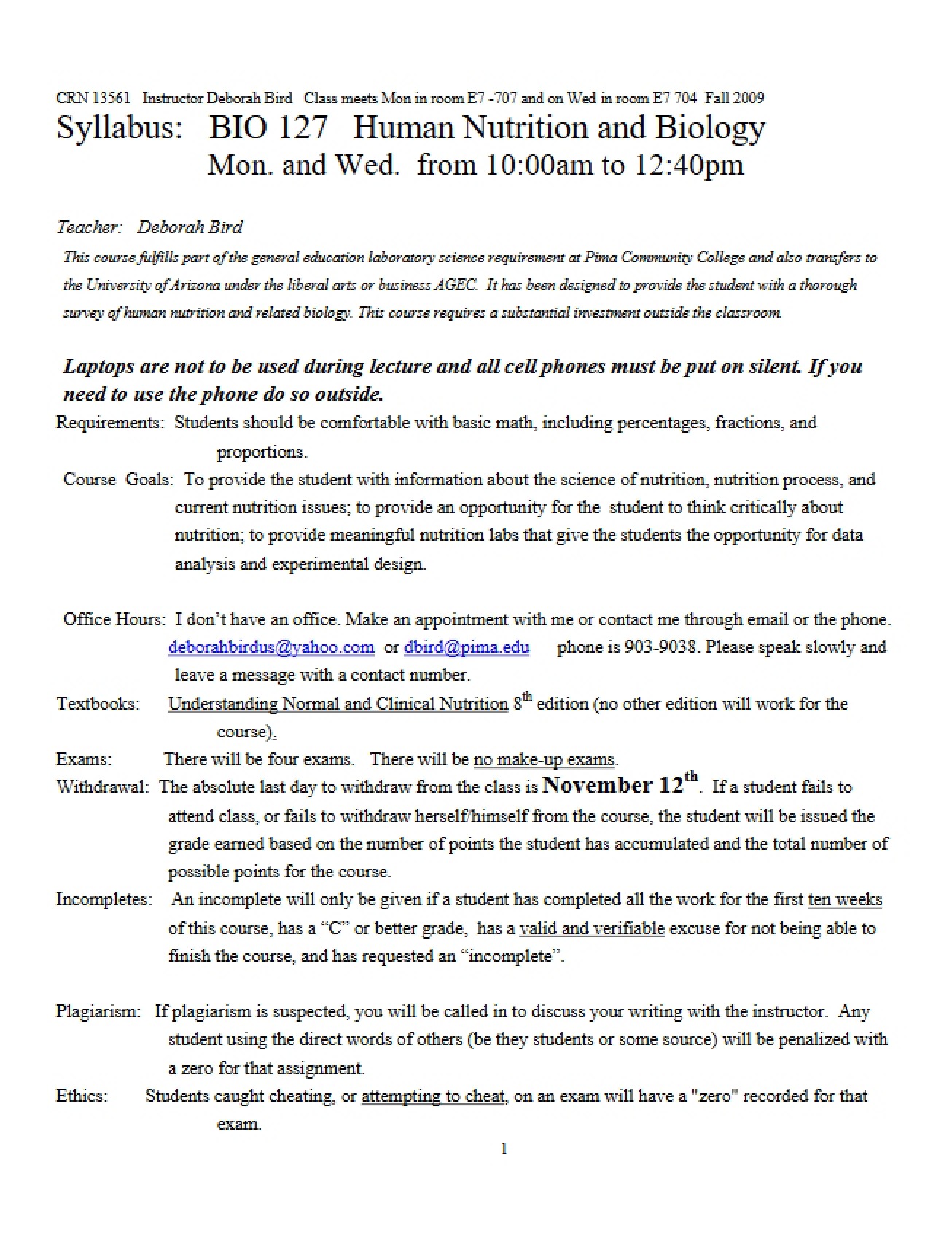 Syllabus for Human Nutrition and Biology
