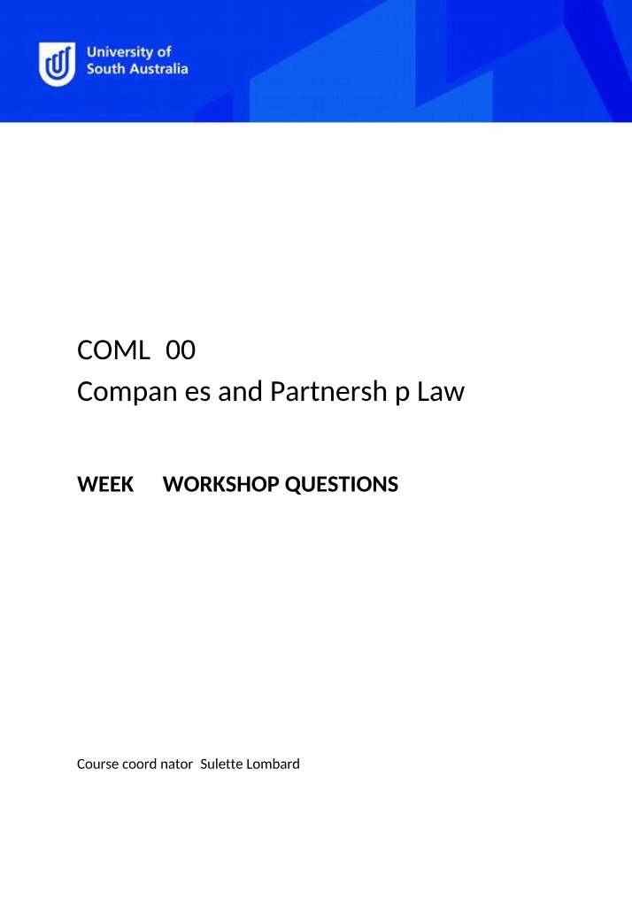 Workshop Questions for Company and Partnership Law