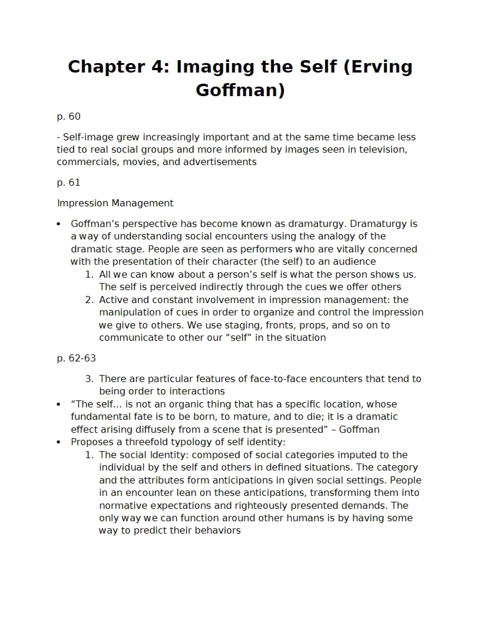 Erving Goffman Imaging the Self (Ch. 4)