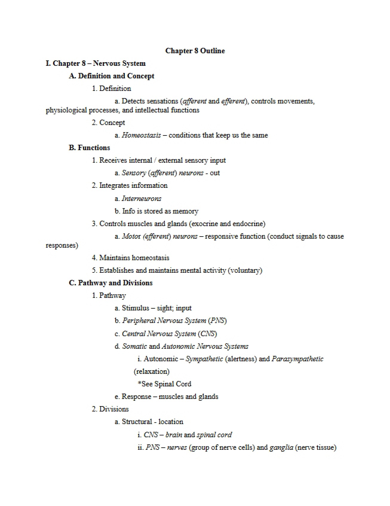 Nervous System Overview (Chapter Eight)